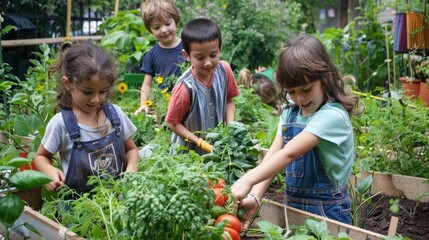 Amidst the vibrant colors of a community garden, children joyfully engage in planting and nurturing their green spaces, their enthusiasm and care evident as they watch their efforts bloom and flourish