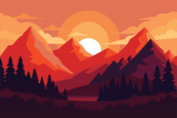 Wall Mural - Beautiful vector landscape of mountains and forests at sunset. Amazing sunset over the mountains. Warm rays of the sun illustration