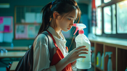 Poster - Woman with a cleaning product bottle in the classroom