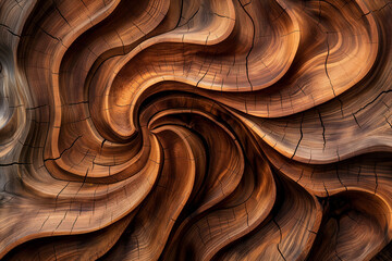 An intricate close-up of interlocking wooden grain vortices, showcasing the rich, natural textures and swirling patterns of the wood