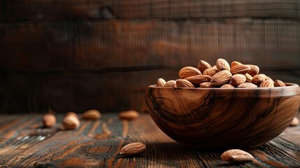 Almonds in a wooden bowl on dark wooden table