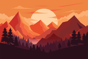 Beautiful vector landscape of mountains and forests at sunset. Amazing sunset over the mountains. Warm rays of the sun illustration