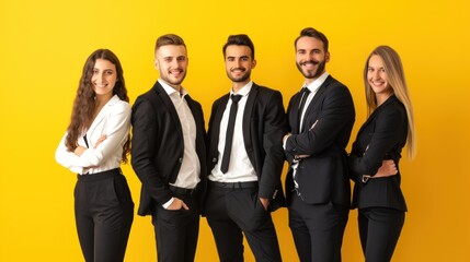 Team of business people on yellow background