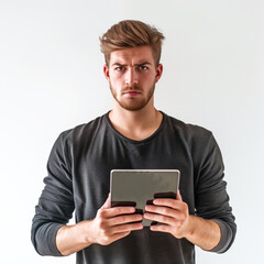 Poster - Man with a tablet on white background, man holding with both hands a copy of the same tablet