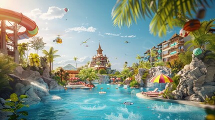 3d graphics web poster collage of summer holidays advert advertise paradise pool hotel with water sport activities for kids family.