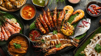 Wall Mural - High-angle view of a traditional Thai seafood feast with grilled fish, prawns, squid, and dipping sauces