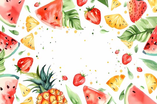 Watercolor summer template, frame with tropical fruits and leaves. Hello summer. Poster, template for social media, banner, postcard. Watercolor illustration, texture, hand drawing.