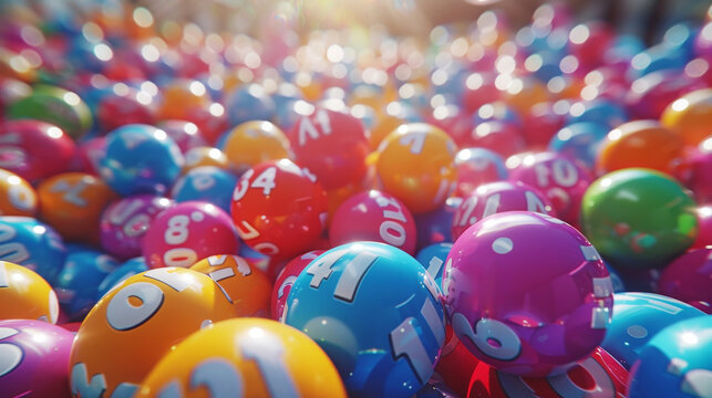 Colorful heap of lottery balls with numbers in 3D rendering