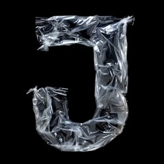 Wall Mural - Plastic Wrapped Letter J on Black Background. Alphabet Concept