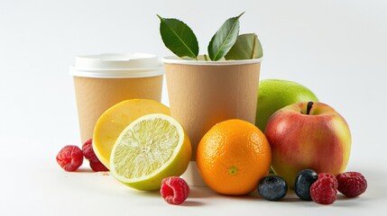 Wall Mural - Juicy mixed fruit and paper cup isolated on white background 