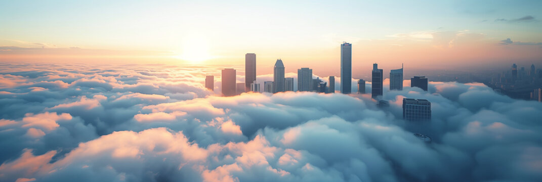 A top view of the skyscrapers that are above the clouds.