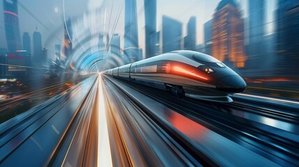 Poster - High-speed bullet train whizzing past a futuristic city skyline against a backdrop of skyscrapers