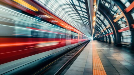 Aufkleber - High-speed train zooming through a modern railway station platform with blurred motion effect