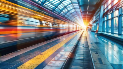 Wall Mural - High-speed train zooming through a modern railway station platform with blurred motion effect