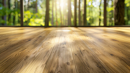 Wall Mural - Blank empty wooden laminate floor for products with blurred forest background.