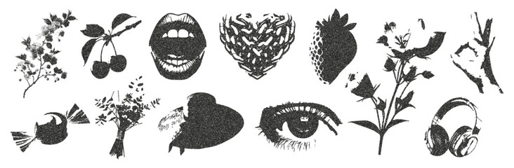 Mouth, lips, eyes, cherry, dried flowers, strawberries, hat, candy, iron heart with retro photocopy effect. Vector illustration in halftone tones for the design of Y2K collages. Vector