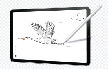 Poster - Digital Drawing with Tablet Computer and Pen. Hand drawn stork vector illustration on tablet pc with transparent background.