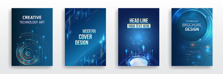 Poster - Futuristic background for flyer, brochure. Scientific cover template for presentation, banner. Page layout set for sci-fi. Set of high-tech covers for marketing. Modern technology design for posters.