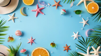 Wall Mural - A summer objects on a blue background.with text space. Minimal summer holidays concept.