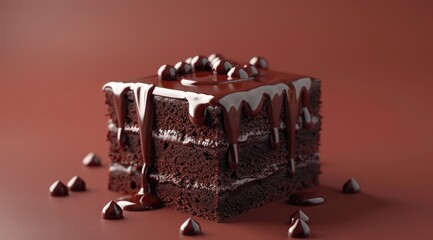 Wall Mural - A square slice of chocolate cake with dripping glossy chocolate, isolated on a solid color background, product photography