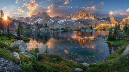 A beautiful mountain lake with a pink and orange sky in the background