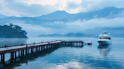 Wall Mural - Yacht or ship dock at the pier surround scenic view of mountain in the mist and sunrise at Sun moon lake