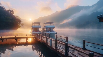 Wall Mural - Yacht or ship dock at the pier surround scenic view of mountain in the mist and sunrise at Sun moon