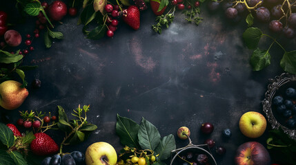 Wall Mural - Dark background with meat, vegetables, fruits and condiments.