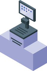 Poster - Isometric pos terminal with blank screen displaying processing bar standing on counter