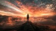 © Dmitriy - A lone figure stands on a mountain peak, gazing at the fiery sunset above a sea of clouds