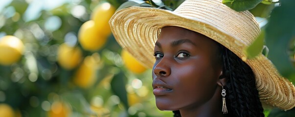 Wall Mural - Beautiful African American woman in straw hat, outdoor setting, lemon tree background, summer vibes, elegant and serene.