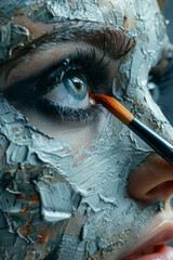 Poster - close-up of an artist's brushstrokes bringing a portrait to life on canvas.