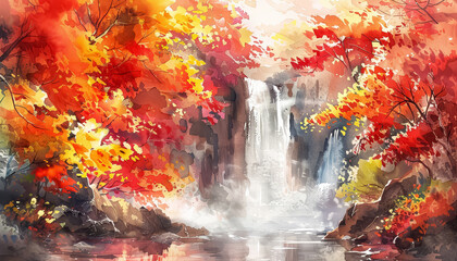 Wall Mural - The painting has a serene and peaceful mood, with the waterfalls