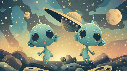 Wall Mural - Space posters cartoon alien characters spaceship,paper style