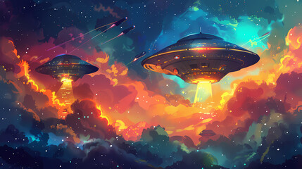 space posters cartoon alien characters spaceship,paper style