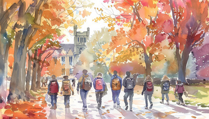 Wall Mural - A group of students walking down a path in the fall