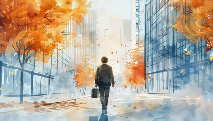 Wall Mural - A man in a hat walks down a street in autumn