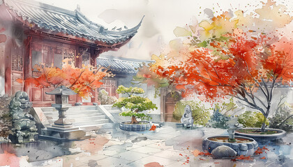 Wall Mural - A painting of a serene Japanese garden with a pagoda and a pond