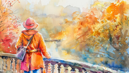 Wall Mural - A woman in a red hat stands on a bridge overlooking a river