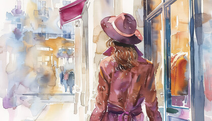 Wall Mural - A woman is standing outside in the rain, wearing a hat and a coat