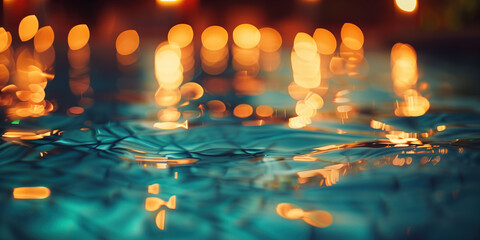 Poster - Abstract background with blurry lights on pool water. Caustics and bokeh. Created with Generative AI technology.