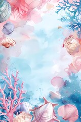 Wall Mural - Watercolor sea template, underwater. Corals, algae, shells. Place for text. Poster, template for social networks, banner, postcard. Watercolor illustration, texture, hand drawing.