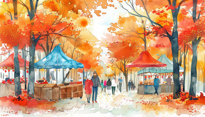 Wall Mural - A painting of a busy street with people walking and tents set up