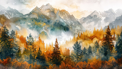 Wall Mural - A painting of a forest with trees in the foreground