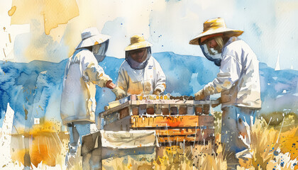 Wall Mural - Three men are working in a field, wearing straw hats and carrying a wooden crate