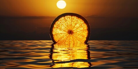 Orange slice floating in water at sunset