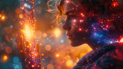 A womans hands are bathed in a soft, ethereal glow, seemingly holding a stream of cosmic dust. The surrounding atmosphere is dreamlike and filled with bokeh lights