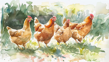 Wall Mural - A group of chickens are standing in a pen