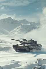 Wall Mural - A lone Military tank M1 Abrams trudging through a vast, snow-covered landscape