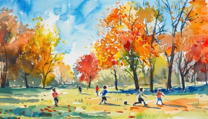 Wall Mural - A painting of a group of children playing soccer in a park